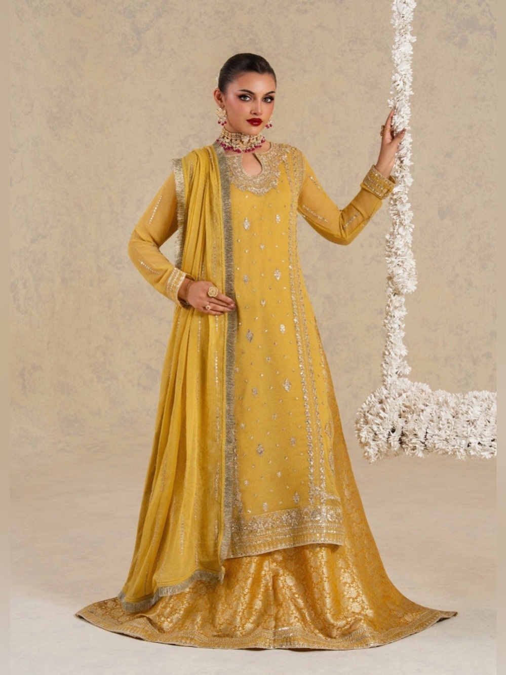 Embellished Mustard Women’s Formal Dress with Dupatta